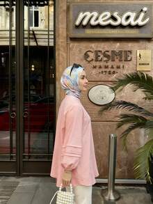 Women's Long Bishop Sleeve Flared Collar Top, Made Of Woven Fabric, Fashionable And Elegant Pink - Pink - View 3