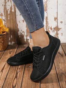 Women's Wide Fit Casual Sneakers, Front Lace-Up, Breathable Mesh & Solid Color Leather, Versatile Daily Wear - Black - View 4