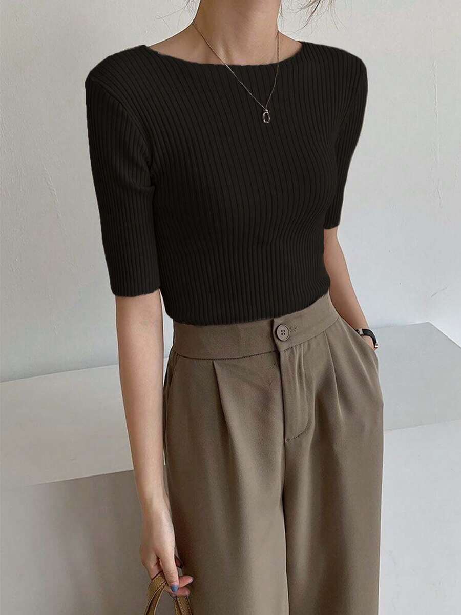 純色極簡風春夏休閒百搭船領短袖修身女款針織上衣 黑色 - 黑色 - 查看 1