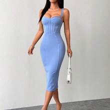 dagjydgfyja  PETITE Vestido midi ajustado y entallado con parte trasera dividida, copa de busto y cadera azul - Azul - Ver 8