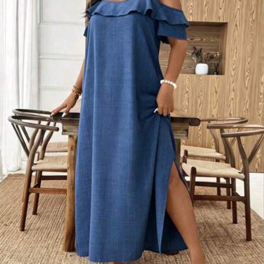 dagjydgfyja  Tall CURVE Vestido largo de mujer de talla grande con volantes en el hombro y el bajo, vestido largo para vacaciones en la playa, de tela texturizada lavada con aspecto de lino, suelto y cómodo y transpirable - Azul - Ver 1
