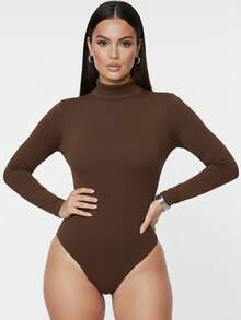 Women's Bodysuit With High Neck And Long Sleeves - Rust Brown - View 7