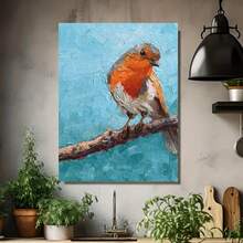 Una pintura al óleo sobre lienzo pintada a mano - Alegres pájaros pequeños posados en ramas - una mezcla perfecta de colores y texturas delicados, que encarna la hermosa calidez de la naturaleza, ideal para la decoración moderna del hogar, creando un ambiente agradable - Enmarcado - Ver 4