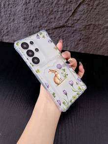 1pc Transparent TPU Watercolor Rabbit & Purple Flower Pattern Four-Corner Anti-Drop Integrated Card Holder Phone Case, Forest Style Artistic Watercolor Design, Fashion Versatile Creative Personalized Full Coverage Phone Case, Protective Dustproof Waterproof Soft Shell Compatible With Samsung// - Multicolor - View 5