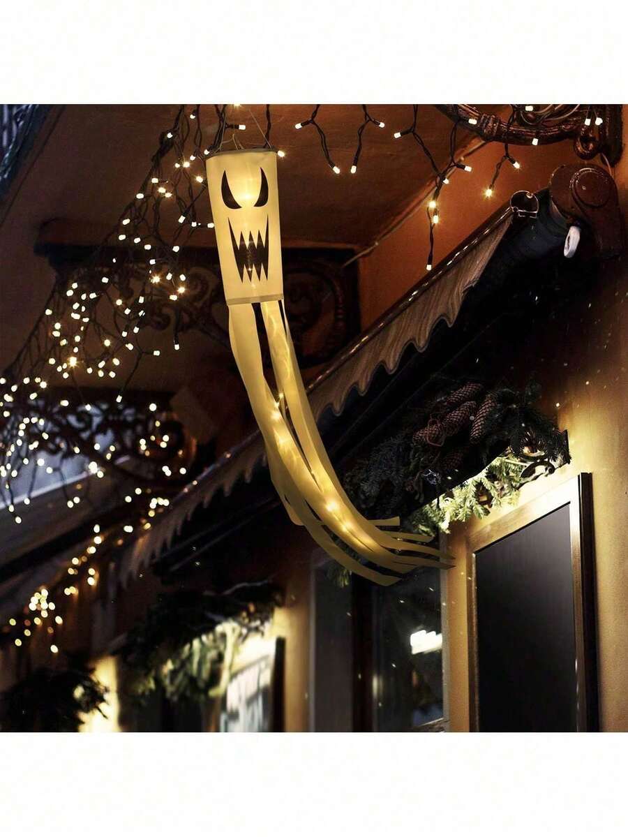 2pcs Halloween Windsock, Scary Wind Vane, Ghost White Cloth Decoration, Evil Face Design, Suitable For Halloween Yard Decoration And Holiday Celebration, Haunted House, Outdoor Garden Yard Atmosphere Arrangement Decoration, Theme Party, Halloween Party Decoration
