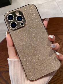 1 Frosted Feel Electroplated Frame Leather-Covered Glitter Diamond Phone Case - Gold - View 2