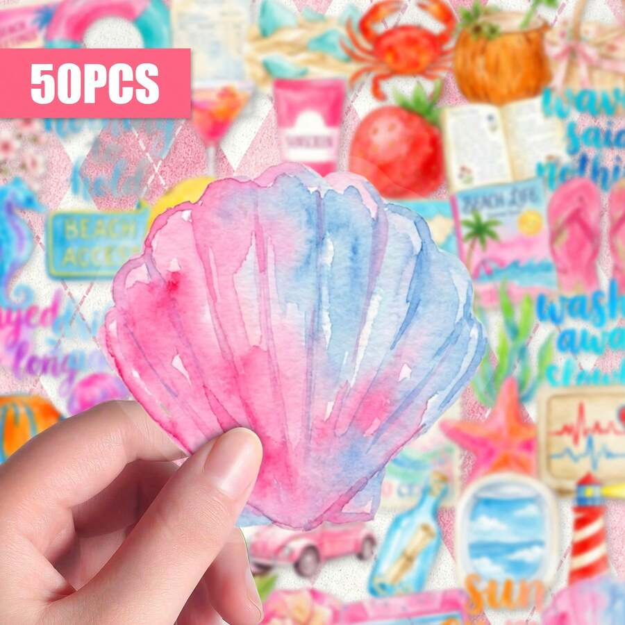50pcs Vintage Mediterranean Style PET Stickers, Watercolor Beach And Ocean Doodle Stickers, Waterproof Transparent Stickers Suitable For Notebooks, Phone Cases, Laptops, Guitars, Water Bottles, Planners, School Supplies And Back To School Supplies - A - View 1