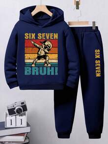 Young Boy Hooded Letter Cartoon Pattern Long Sleeve Sweatshirt And Sweatpants Casual Daily Set - Royal Blue - View 2