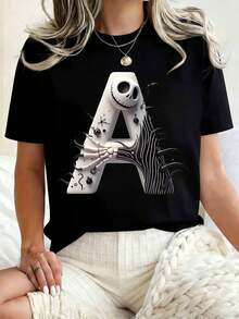 Disney Women Round Neck T Shirt Jack Skellington Letter A Print Halloween Costume Party 220g - 黑色 - 查看 1
