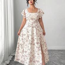 jianchaimaoyi02  Vestido de verano elegante y estilizador para mujer de talla grande con cuello cuadrado francés, mangas con volantes, abertura en el bajo, adecuado para uso casual, vacaciones ligeras, ocasiones sociales, fiestas de cóctel y citas - Naranja - Ver 6