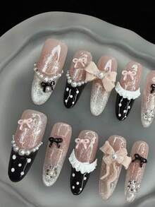 10片Y2K黑粉蝴蝶结波点法式美甲贴片，可爱3D猫眼、珍珠、腮红杏仁形假指甲，附赠1片果冻贴纸和1个指甲锉 - 藕粉色 - 查看 3