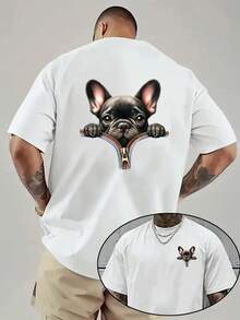 French Bulldog Puppy Double-Sided Print Pattern Men's Fashion-Shirt, Suitable Home Daily Casual Wear And Outdoor Fitness Activities, Popular Style Top, Men's Essential Front And Back Print-Shirt - White - View 3