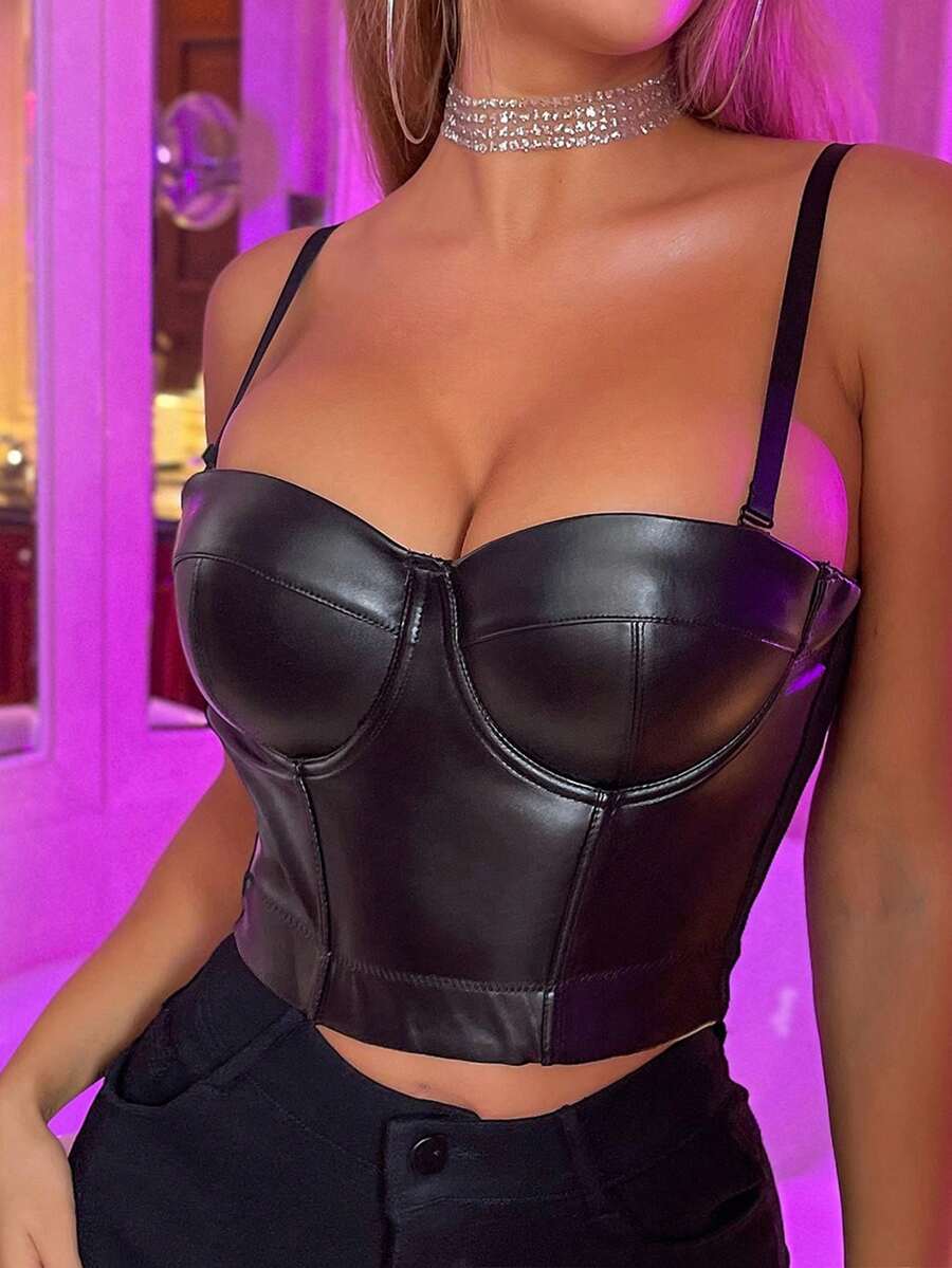 Apperloth A Solid Color Leather-Feel Cropped Bustier Top, Suitable For Rave Music Festivals Casual Black Summer - Black - View 1