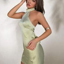 MewMuse. Vestido sin mangas de corte en A, cuello en V y espalda descubierta, de unicolor - Azul - Ver 6