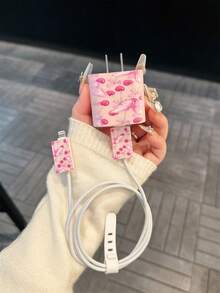 4件組蝴蝶拼接櫻桃蝴蝶結圖案充電器保護套組，適用於Apple 18/20W充電器，防止線材龜裂、防污，可愛時尚日韓風設計，節日小禮物，送給好友女友 - 彩色 - 查看 2