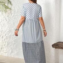 dagjydgfyja Rosumi Vestido de verano informal de talla grande con bloques de color, rayas, lunares y estampado a cuadros - Blanco y Negro - Ver 5