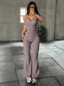 Combinaison d'été sexy à col en V, ample et à jambes larges pour femmes, pour le sport, la fitness, le yoga, la course, la gym - gris violet - Voir 10