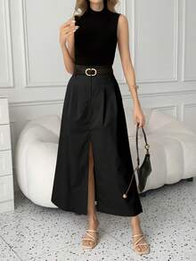 Women's Elegant High Waist A-Line Slit Maxi Skirt, Casual Solid Color, Versatile Fashion, Autumn/Winter - Black - View 2