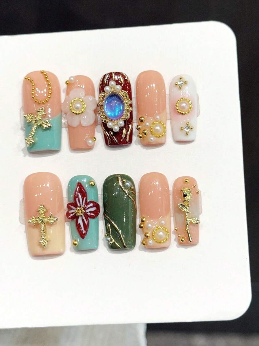 10pcs Handmade Press-On Nails [Rose Night Secret] Court Style Contrast Color Baroque Pearl Fake Nails, Suitable For Women