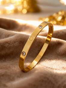 304 Stainless Steel 3pcs 18K Gold Plated Stackable Bangle Set For Women, Engraved Heart, Full Rhinestones, Waterproof, Rust-Resistant, Hypoallergenic, Multi-Style Premium Jewelry, Valentine's Day Birthday Gift And Party Favor - Gold - View 8