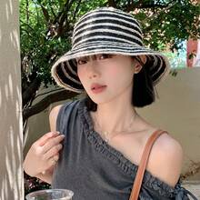 Women's UPF 50+ Striped Straw Bucket Hat, Frayed Edge Wide Brim UV Protection Sun Hat For Beach, Travel, And Outdoor Activities - 黑色 - 查看 5