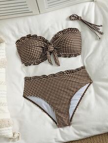 Set Bikini 2 Potong Wanita Motif Kotak-kotak Terbaru dengan Bantalan Renda, Penting untuk Liburan Musim Panas di Pulau dan Pantai, Vacationcore - MultiWarna - View 4