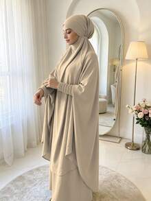 紋理縮褶彈性袖口 Khimar Abaya 兩件套，寬鬆大袖端莊 長洋裝，穆斯林女性休閒伊斯蘭禮拜服飾 - 彩色 - 查看 6