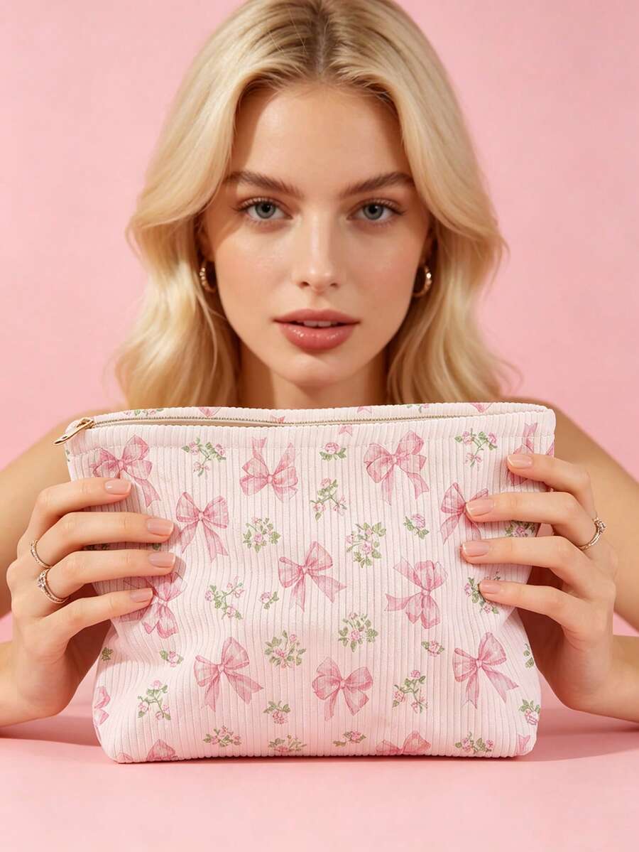 1pc Portable Cosmetic Storage Bag Bow Pattern Double-Sided Print Travel Zipper Makeup Bag Multifunctional Toiletry Organizer - Multicolor - View 1