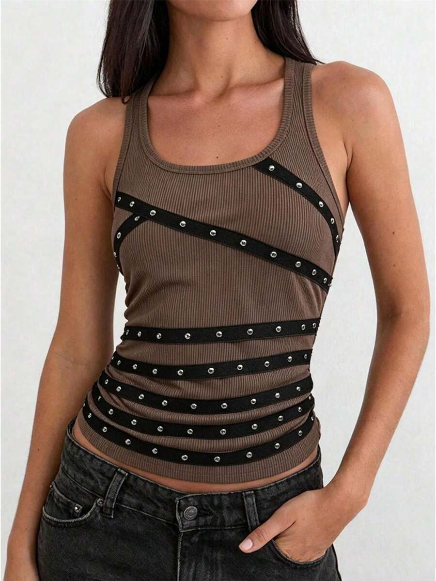 Womens Rivets Studded Halter Neck Plunge Cami Top Self-Tie Spaghetti Straps V-Neck Cut Out Front Crop Tank Top Camisole Vest Y2K Streetwear Party Tops - F208317-棕色 - 查看 1