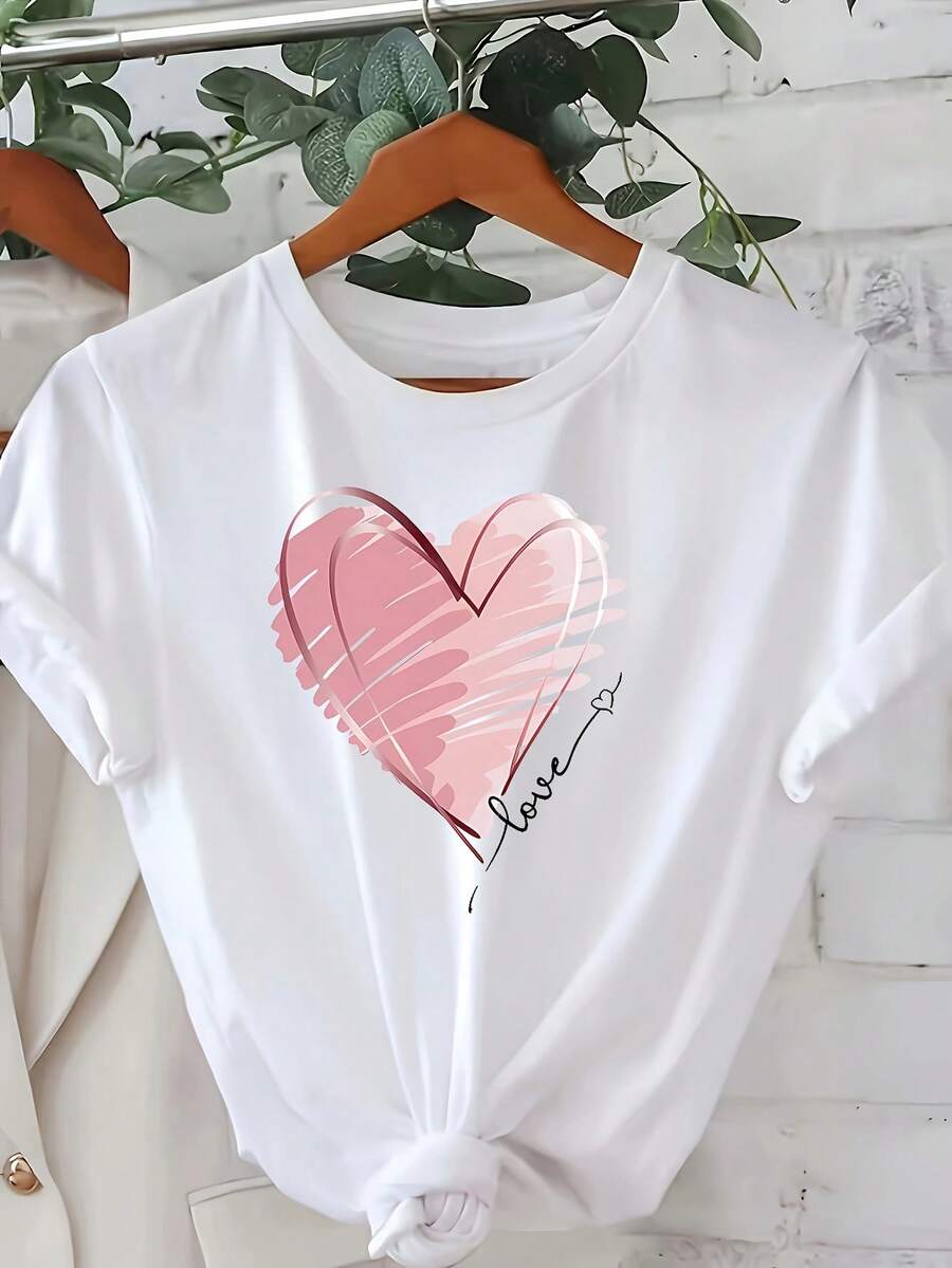 Fashionable Summer T-Shirt With Heart Print - White - View 1