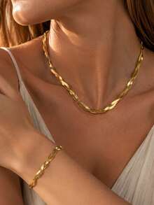 2pcs/Set 18k Gold Plated Women's Niche Design Clavicle Chain Double Strand Braided Stainless Steel Bracelet & Necklace Set, Suitable For Daily Wear/Souvenir/Gift For Friends & Family/Vacation/Mother's Day/Valentine's Day/Christmas - Gold - View 2