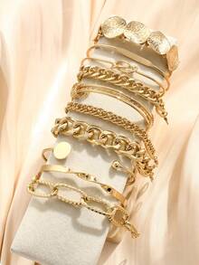 10pcs Simple Fashion Old Money Style Asymmetrical Geometric Pattern Bangle Bracelet Set For Women & Couples, Vacation, Date, Gift, Daily Casual, Party, Wedding - Yellow Gold - View 7