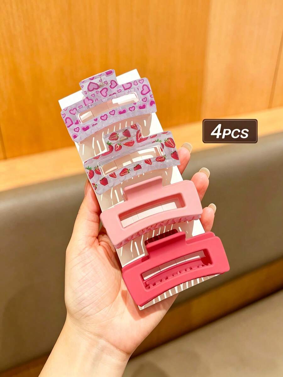 4pcs Women's Fashion Minimalist Cartoon Cute 6.5CM/2.56inch Medium Square Heart Strawberry Pattern Pink Half Claw Hair Clips, Suitable For Daily Wear In Various Occasions Such As School, Valentine's Day, Etc., Ideal Hair Accessory For Girls. - Multicolor - View 1