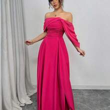 yonghongmaoyi1  Vestido entero con cuello alto retorcido y cintura con drapeado sin tirantes para mujeres - Color caoba - Ver 6