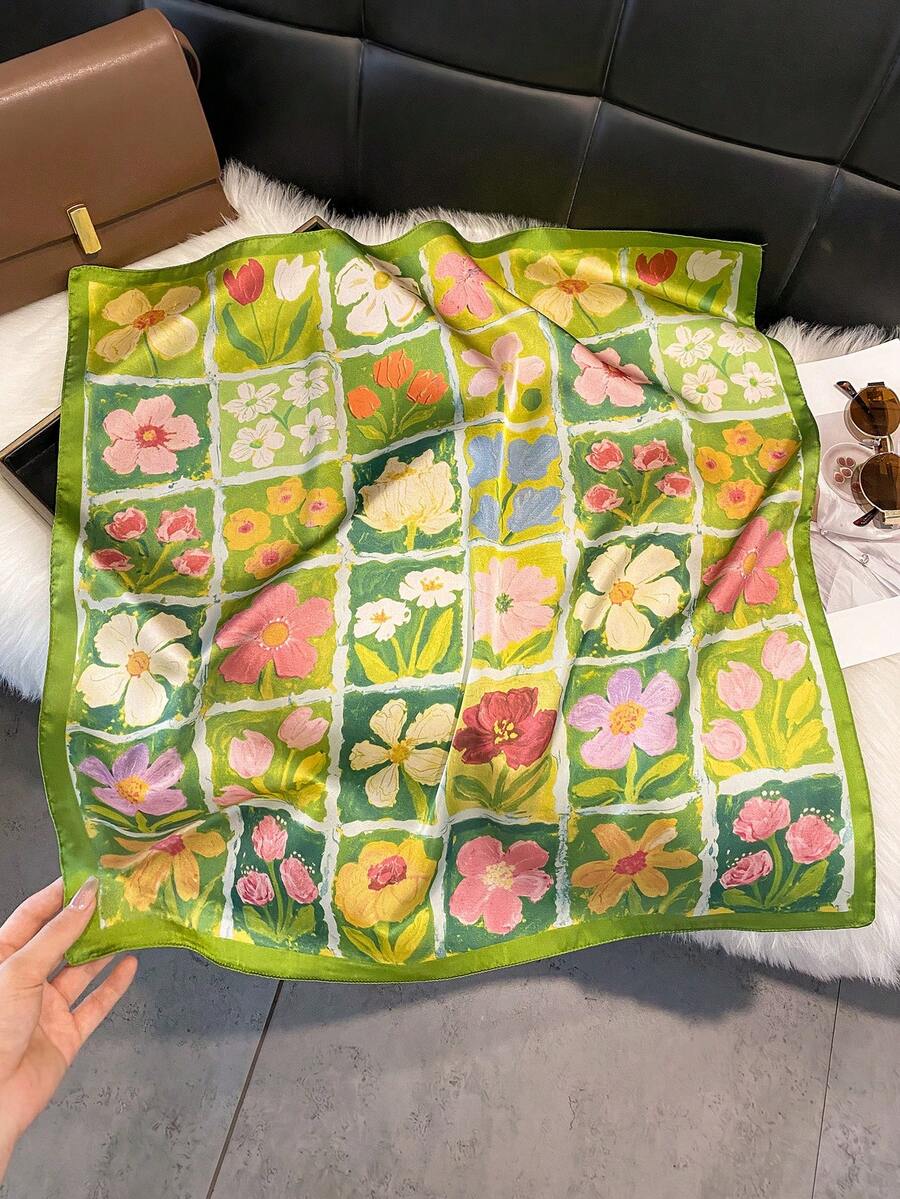 1件仿絲可愛優雅花卉印花70cm小方巾 女款新款方巾 多功能絲帶腰帶 包飾 頭巾髮飾 時尚絲巾 - 綠色 - 查看 1