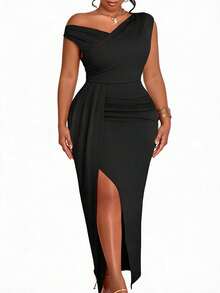 Blazique Plus Size Black Asymmetric Off Shoulder Ruched Dress, Elegant Formal Wedding Guest & Party Wear, Spring/Summer - Fixed Black - View 1