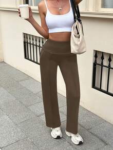 2pcs/Pack Women's Pocket Wide Leg Pants, High Waist Tummy Control Slimming, Fashionable Sporty Casual Street Style Long Pants Sports - Multicolor - View 8