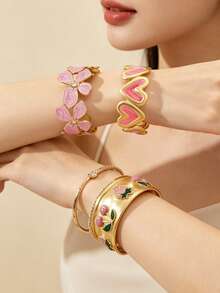 3PCS Minimalist Fashion Vintage Elegant Gentle Style Oil Drip Asymmetrical Four-Leaf Clover/Cherry Strawberry/Heart Bracelet Set Stainless Steel Women's Bracelet Suitable For Women's Daily Wear/Party/Evening Banquet/Afternoon Tea/Holiday Gift For Friends - Yellow Gold - View 7