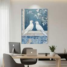 Enmarcado Impresión artística moderna en lienzo 2D/plano - Diseño de palomas en porcelana azul y blanca, decoración de pared enmarcada para el hogar, oficina, bar, cafetería, aula, dormitorio, regalo ideal para Pascua, Día de los Inocentes, Día de la Madre, graduación, uso interior/exterior, decoración de pared interior | Estilo Art Déco | Obra de arte detallada, decoración de pared - Enmarcado - Ver 4