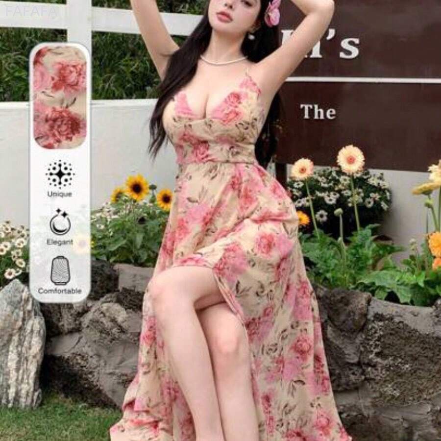 xuehuamaoyi02 Vestido de verano con estampado floral, escote en V, espalda descubierta y tirantes finos para mujer. Conjunto de ropa de crucero, vestido de playa, atuendo de vacaciones, atuendo de Pascua con estilo bohemio - Rosa - Ver 1