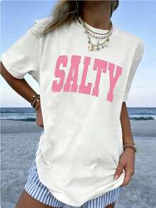 1 Piece Women's Graphic T-Shirt With "If You're In A Bad Mood, Please Go Back To The Beach" Print, 100% Cotton, Double-Sided Print, Casual Summer Style, Plus Size. | Clothing - 白色 - 查看 2