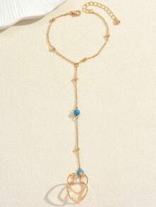 1pc Fashion Simple Elegant Design Metal Chain V-Shape Open Ring Turquoise Women's Ring Bracelet - Gold - View 5