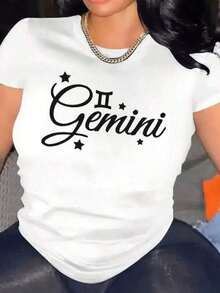 Graphic T-Shirt, Plus Size Cotton T-Shirt, Women's Casual Short-Sleeved T-Shirt – Gemini Zodiac Print With Star And Astrology Design, Breathable Cotton, Plus Sizes, Crew Neck, Year-Round Comfort For Everyday Wear, Relaxed Style, Graphic T-Shirt, Soft Material, Graphic T-Shirt, Fashion Enthusiasts, Y2K, Oversized Shirt For Men, Summer Tops - White - View 1