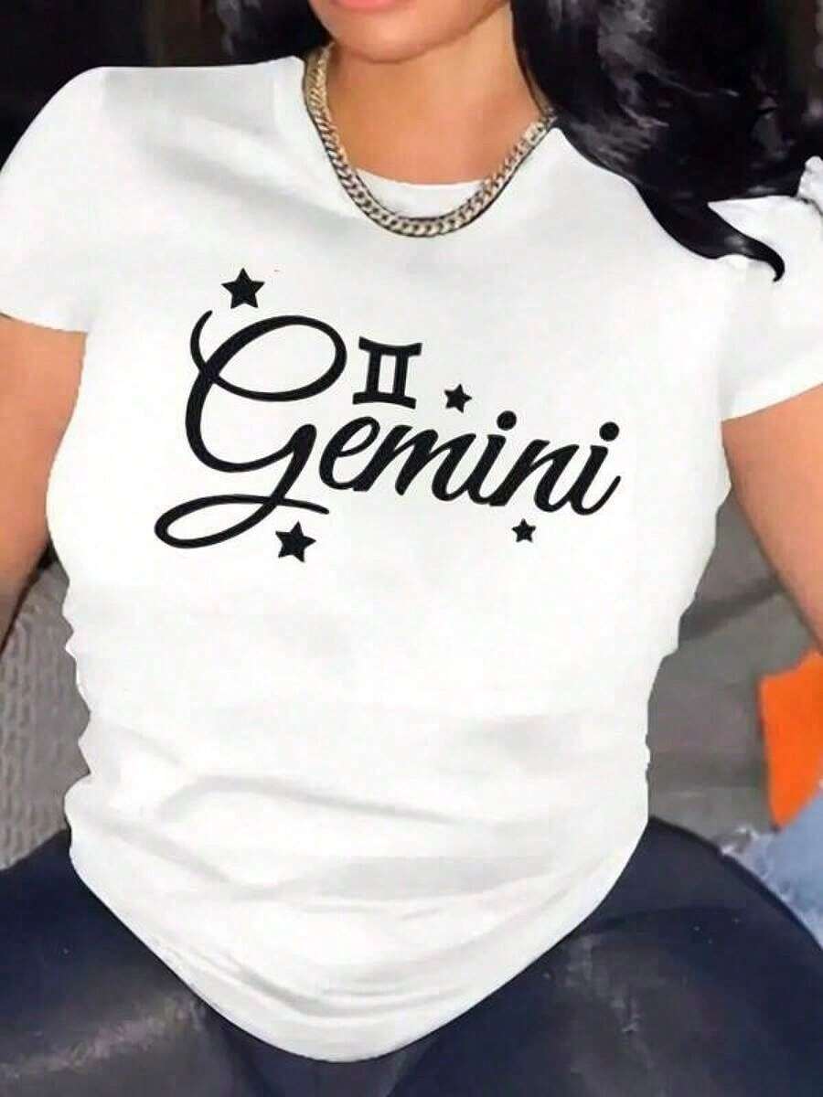 Graphic T-Shirt, Plus Size Cotton T-Shirt, Women's Casual Short-Sleeved T-Shirt – Gemini Zodiac Print With Star And Astrology Design, Breathable Cotton, Plus Sizes, Crew Neck, Year-Round Comfort For Everyday Wear, Relaxed Style, Graphic T-Shirt, Soft Material, Graphic T-Shirt, Fashion Enthusiasts, Y2K, Oversized Shirt For Men, Summer Tops - White - View 1