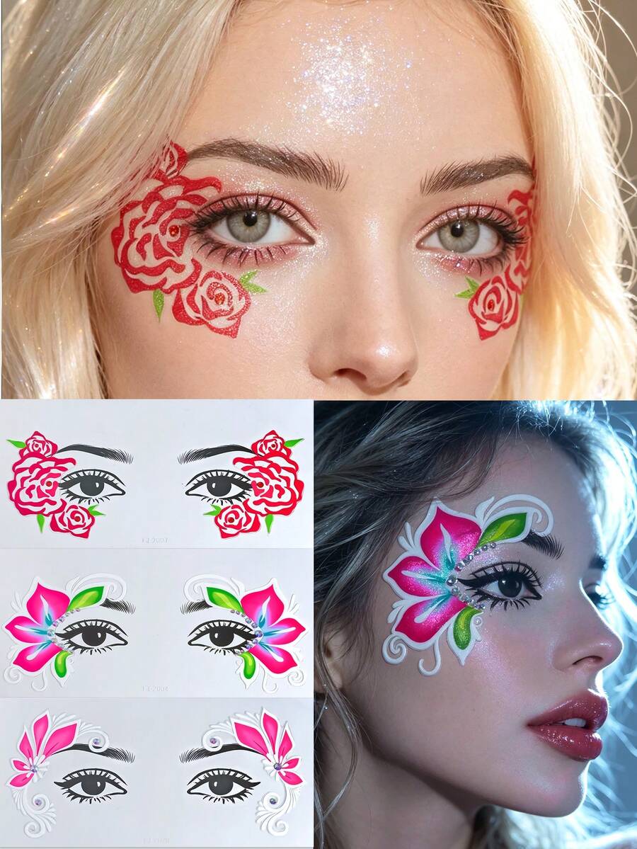3 Sheets Flower & Acrylic Gems Face Stickers, Freckle Face Makeup Stickers Lovely Sweet Matt Finish Same As Face Painting Effect, Self-Adhesive Gem Stickers For Beauty Makeup,Party Festival Makeup Decoration