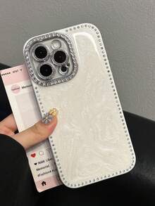 1pc Luxury Laser Sparkling Rhinestone Textured Phone Case, Compatible With IPhone 17 Pro Max/16 Pro Max/15/14/13, Pearl Bracelet Design, Shockproof Protection, Hard Shell Frame - White - View 5