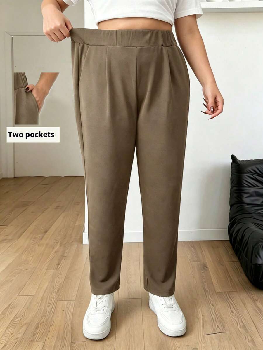 1 Stück Damen Große Größen Elastische Taille Seitentasche Vorne Gefaltete Tapered Yoga 7/8 Länge Hose Sport - Khaki - Übersicht 1