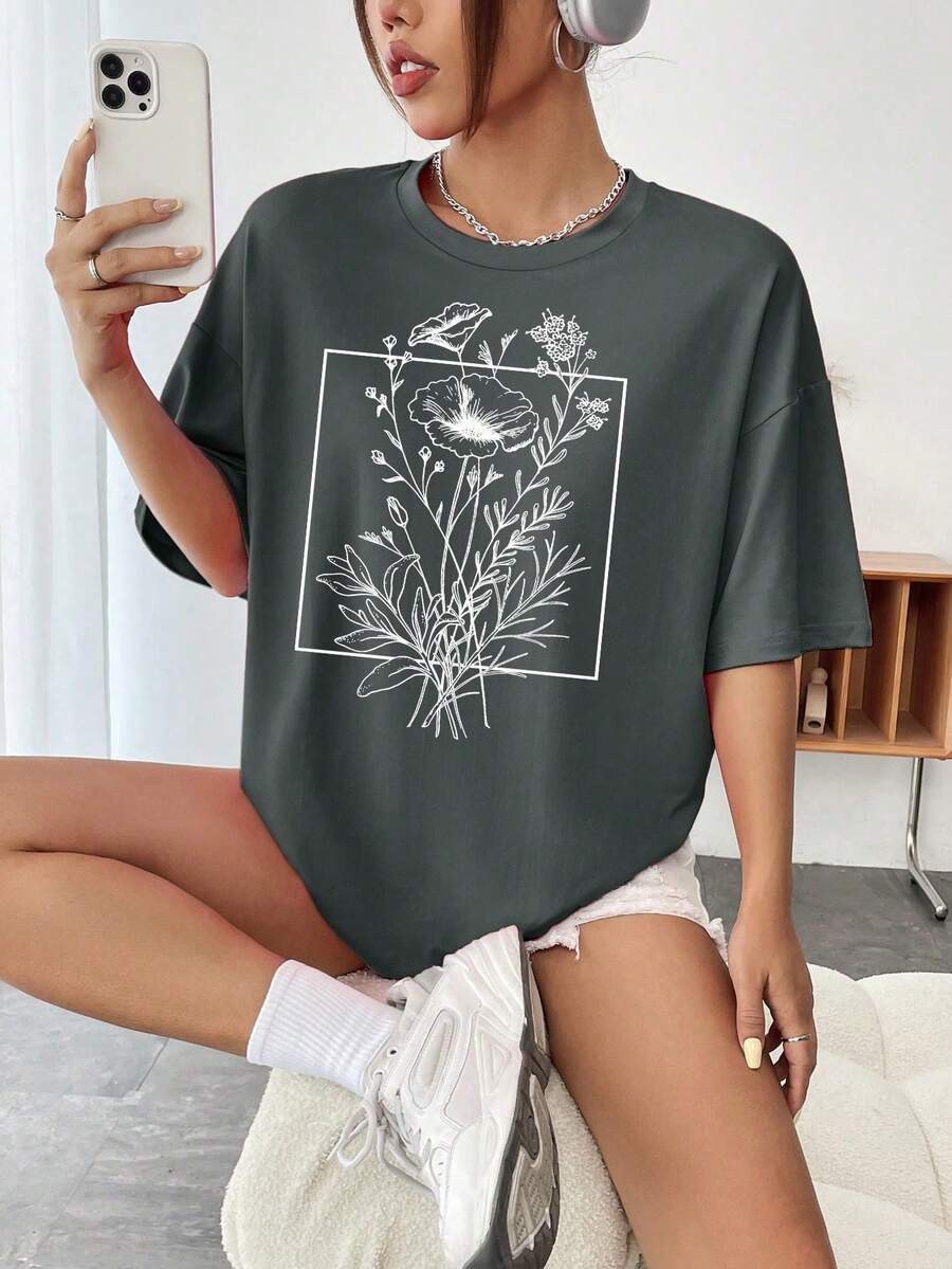 Camiseta con estampado floral, cuello caído, gráficos, tops para mujeres - Blanco - Ver 1