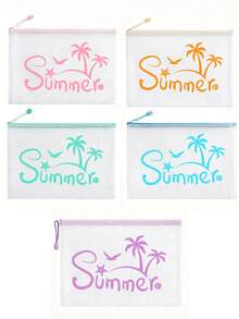 Fashionable Waterproof Pvc Beach Bag With "Summer" Coconut Tree, Seagull, Starfish, Seashell Elements Color Printing, Colorful Letter Print, A4 Size, Transparent Makeup Bag With Nylon Zipper, Suitable For Swimming, Diving And Summer Vacation - Multicolor - View 9