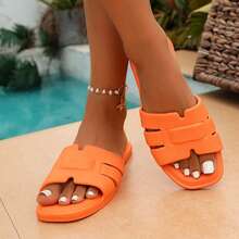女款時尚純色拖鞋，輕量平底一腳蹬夏季沙灘拖鞋，舒適度假拖鞋，女款室內拖鞋 - 珊瑚橙 - 查看 9